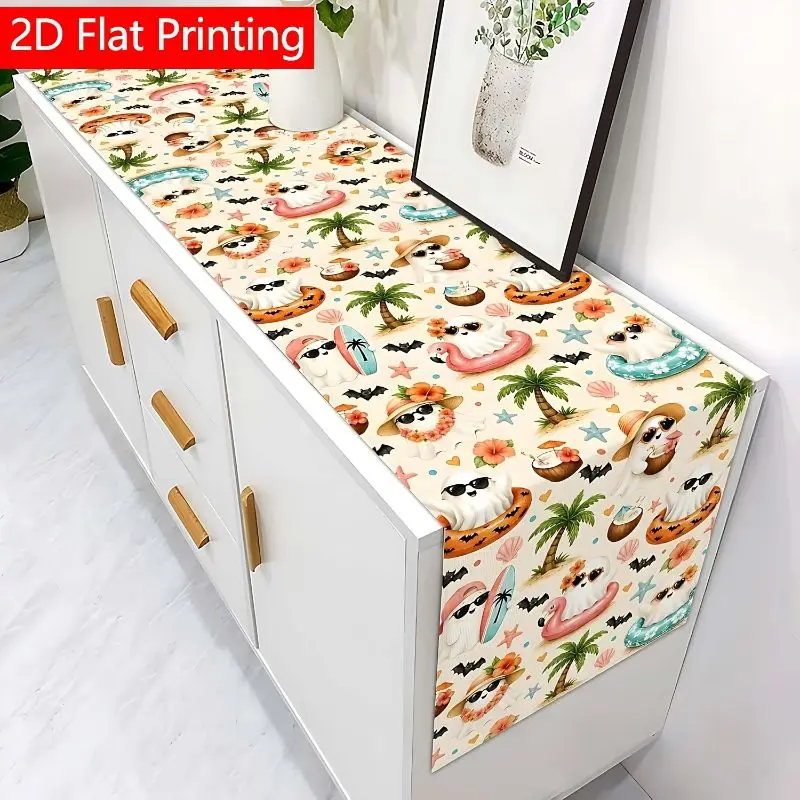 VIKAMA Halloween Table Runner Summer Beach Ghost Palm Tree Flamingo Float Dining Table Home Holiday Party Decor
