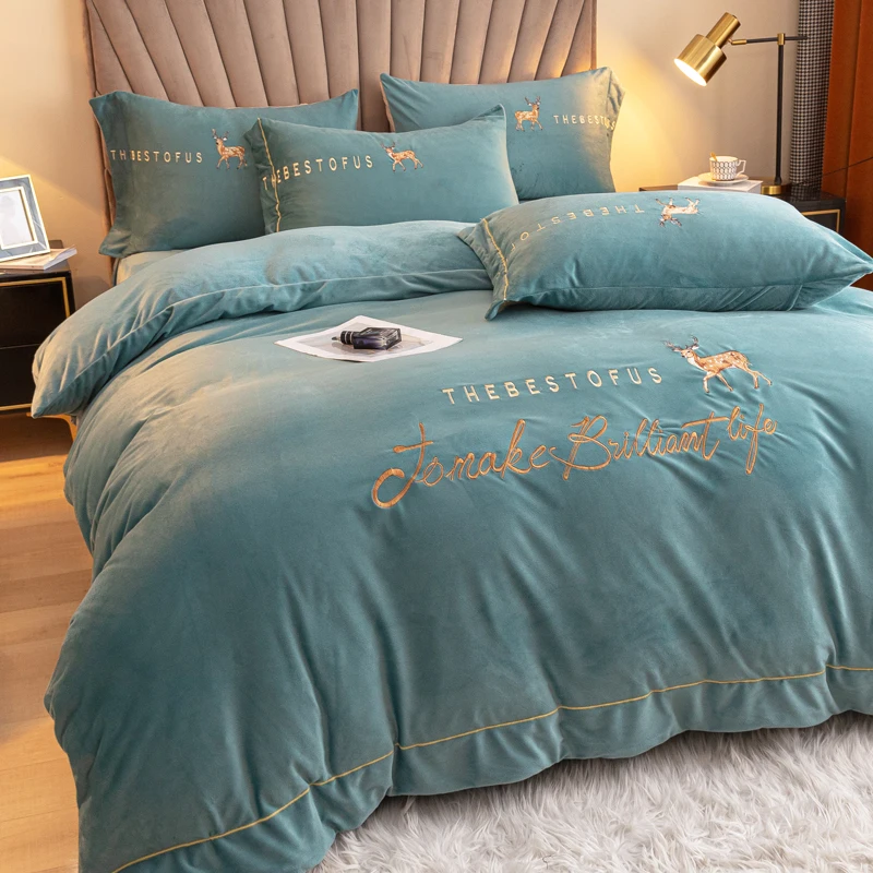 

Coral Fleece Thickened Four-Piece Set Double-Sided Milk Fiber Quilt Cover Winter Flange Velvet Bed Sheet Bedding Three-Piece Set