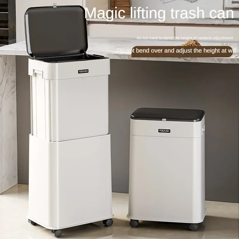 Adjustable Lifting Trash Can with Cover Large Capacity Kitchen Waste Bin Toilet Living Room Office Basket Household Merchandise