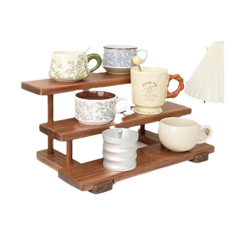 Solid wood desktop rack, three-layer ladder display rack, cosmetic finishing display rack