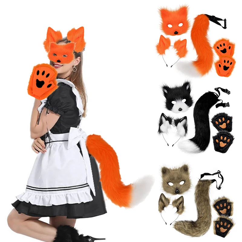 Fluffy Fur Fox Tail Keychain Cat Paws Gloves And Wolf Therian Mask Set For Halloween Cosplay Costume Accessories