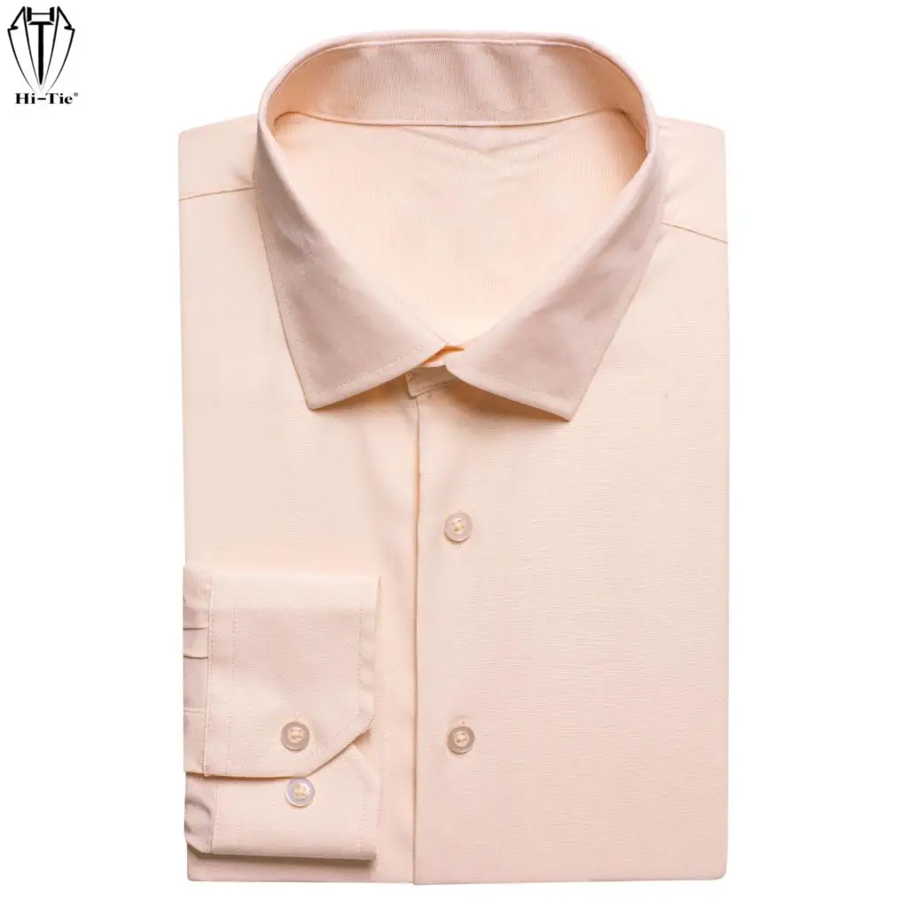 Hi-Tie Plain Beige Silk Mens Shirts Lapel Long Sleeve Dress Suit Social Shirt Soft Breathable Elegant Male Blouse Wedding Office