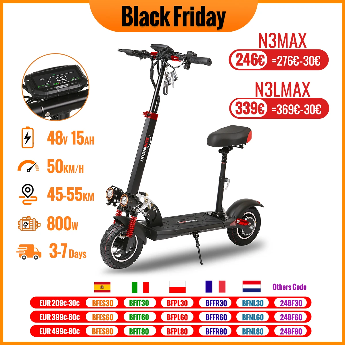 Patinete eléctrico plegable para adultos, Scooter potente de 800W, 48V, 15Ah, velocidad máxima de 50 km/h, rango de 50km, neumáticos de 10 pulgadas, amortiguador Dual