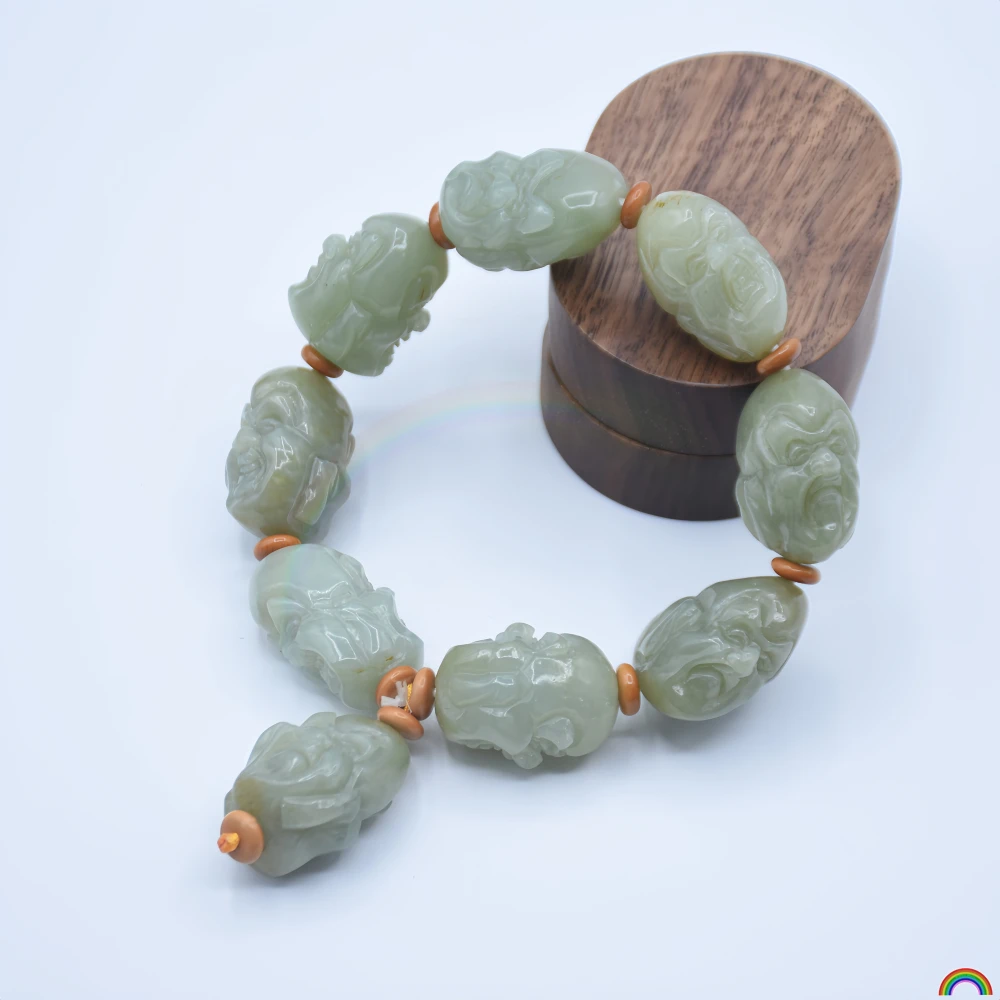Natural Hotan Jade Sculpture Double sided Eighteen Arhat Handstring Tray Play Piece Jade Arhat Head Bracelet Rwbuy