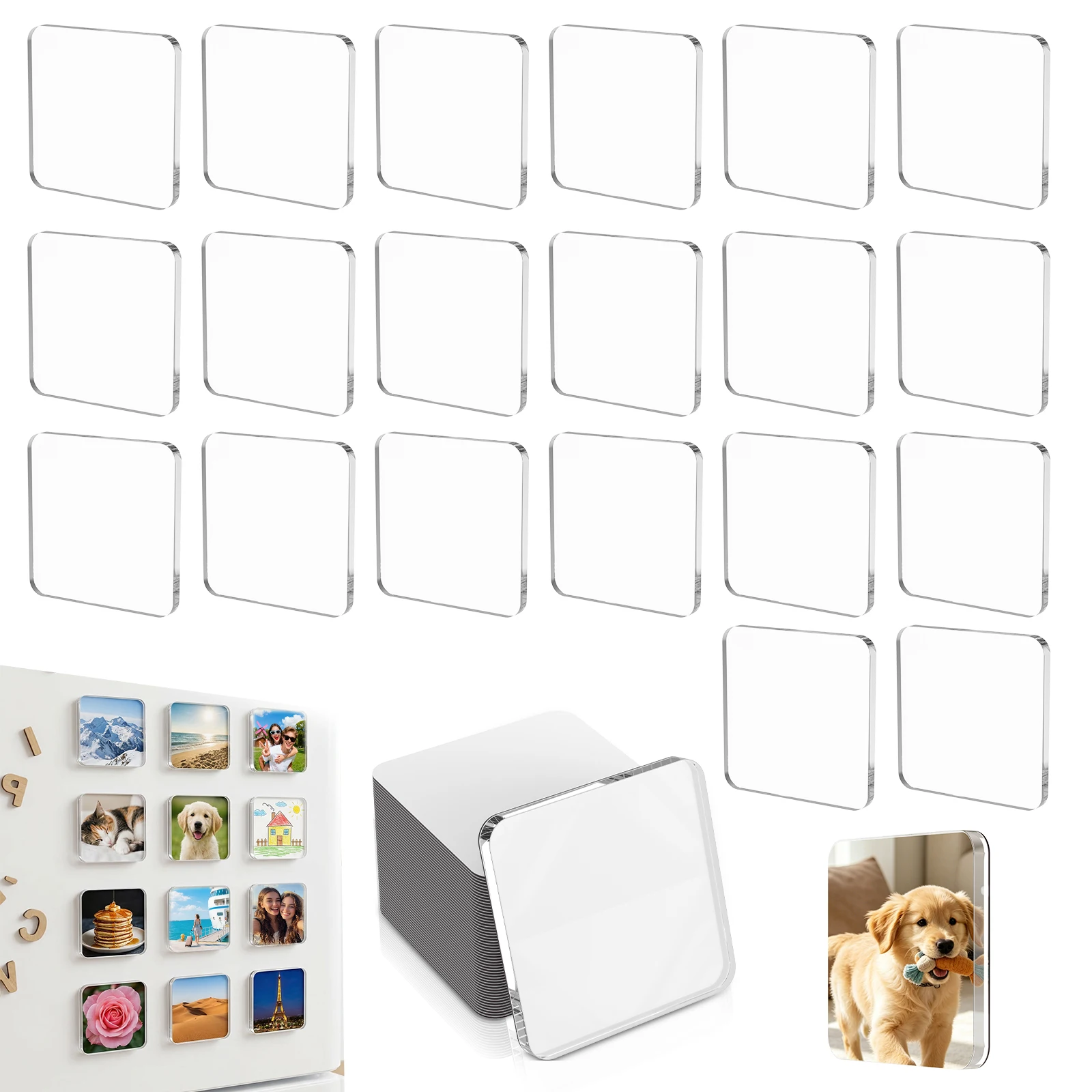 18/20 Pcs Handmade Magnetic Refrigerator Sticker DIY Acrylic Fridge Magnet Square 2x2 Inch Clear Photo Magnet Kit for Home Decor