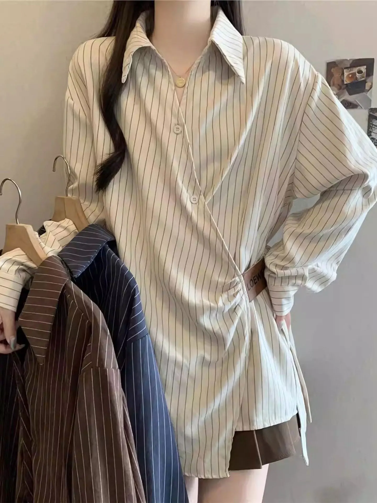 

Ele Striped V-Ne Long Sve irt, женский топ больших размеров, весна 2026, повседневный свободный крой, топ с завязками на талии