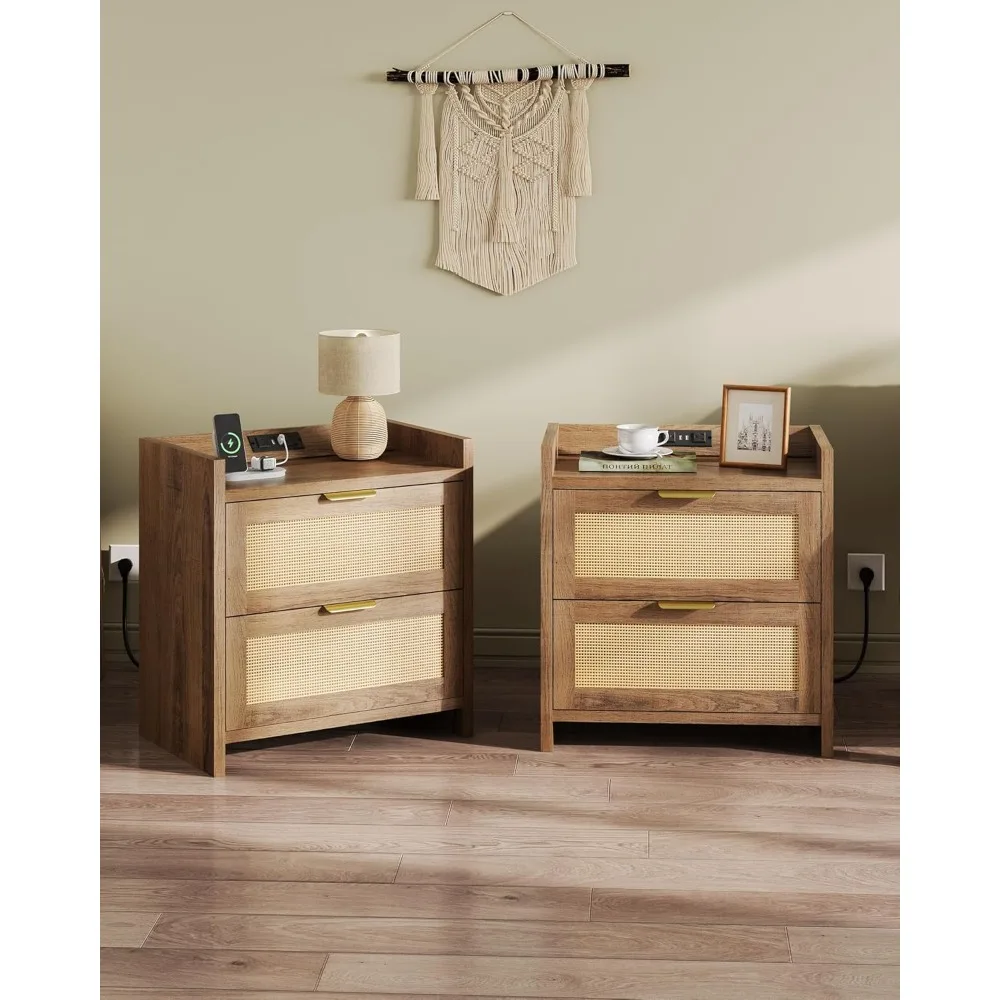 침대 옆 탁자, 충전 스테이션이 있는 침대 옆 탁자, 서랍 2개가 있는 보헤미안 스타일 침대 옆 테이블, 침실용 엔드 테이블, 거실용