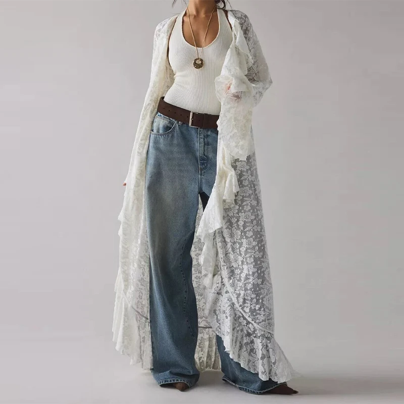 Elegant White Lace Ruffle Maxi Top Chic Sheer Long Sleeve Open Front Cardigan Bohemian Cover Up Women Casual Daily Outfit New