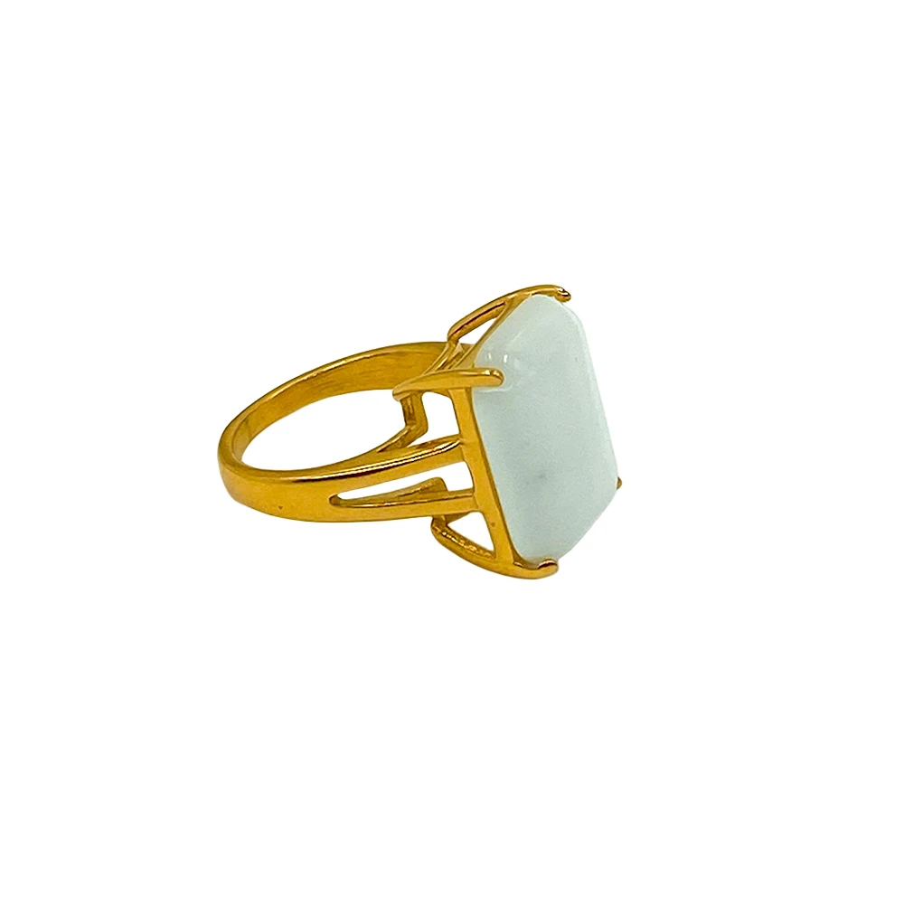 USENSET Classic Stainless Steel Hollow Raised Base Ring Large Milky White Square Natural Stone Inlaid Jewelry