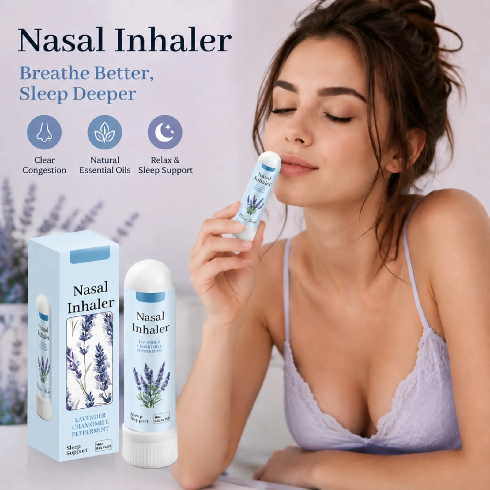 Lavender Herbal Nasal Inhaler Stick Chamomile Mint Aromatherapy for Sleep Support Refreshing Portable Alcohol Free Daily Use
