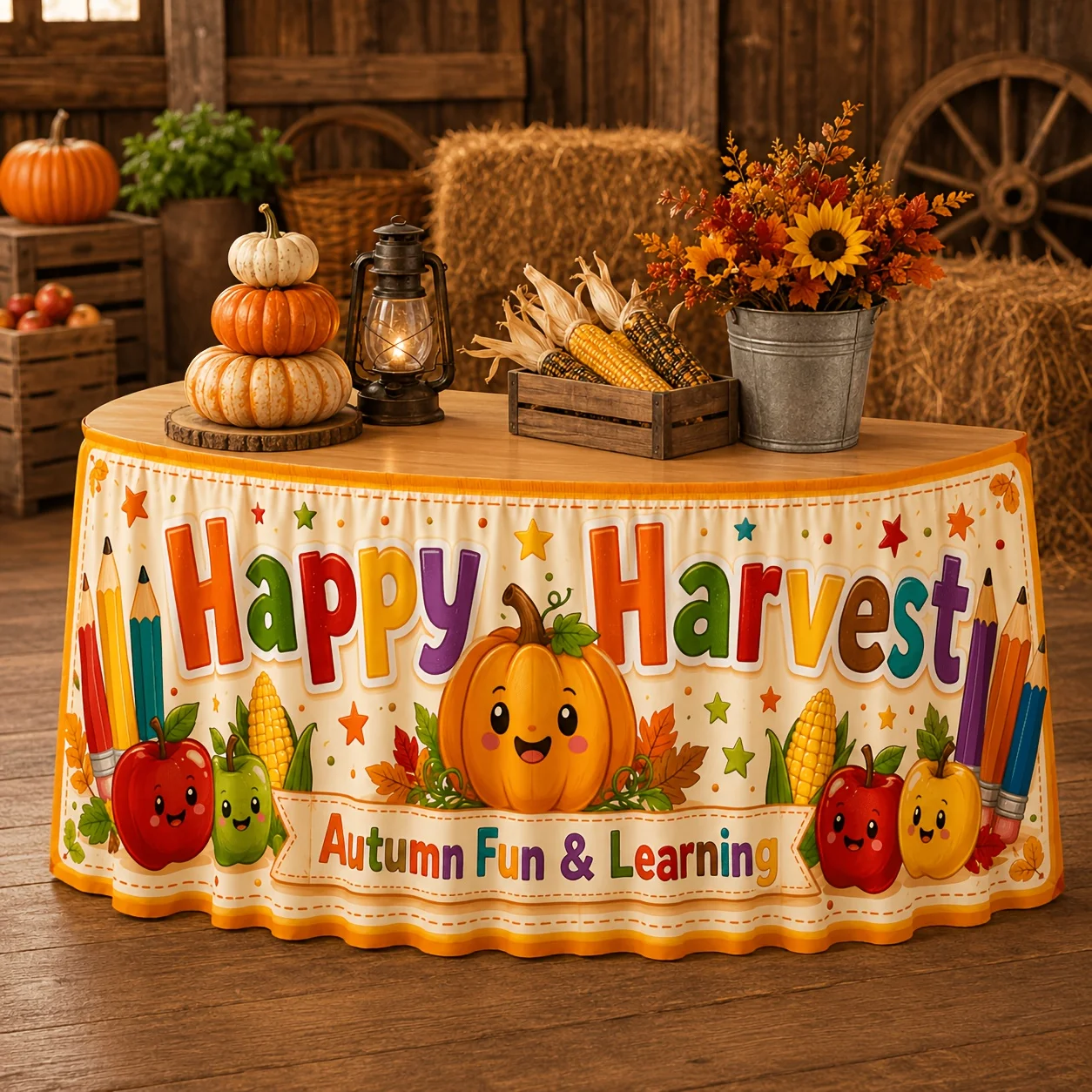 Harvest Joy Cartoon Tablecloth, Cute Pumpkin, Apple, Corn, Colorful Pencil, Maple Leaf, Star Print, Washablexzj