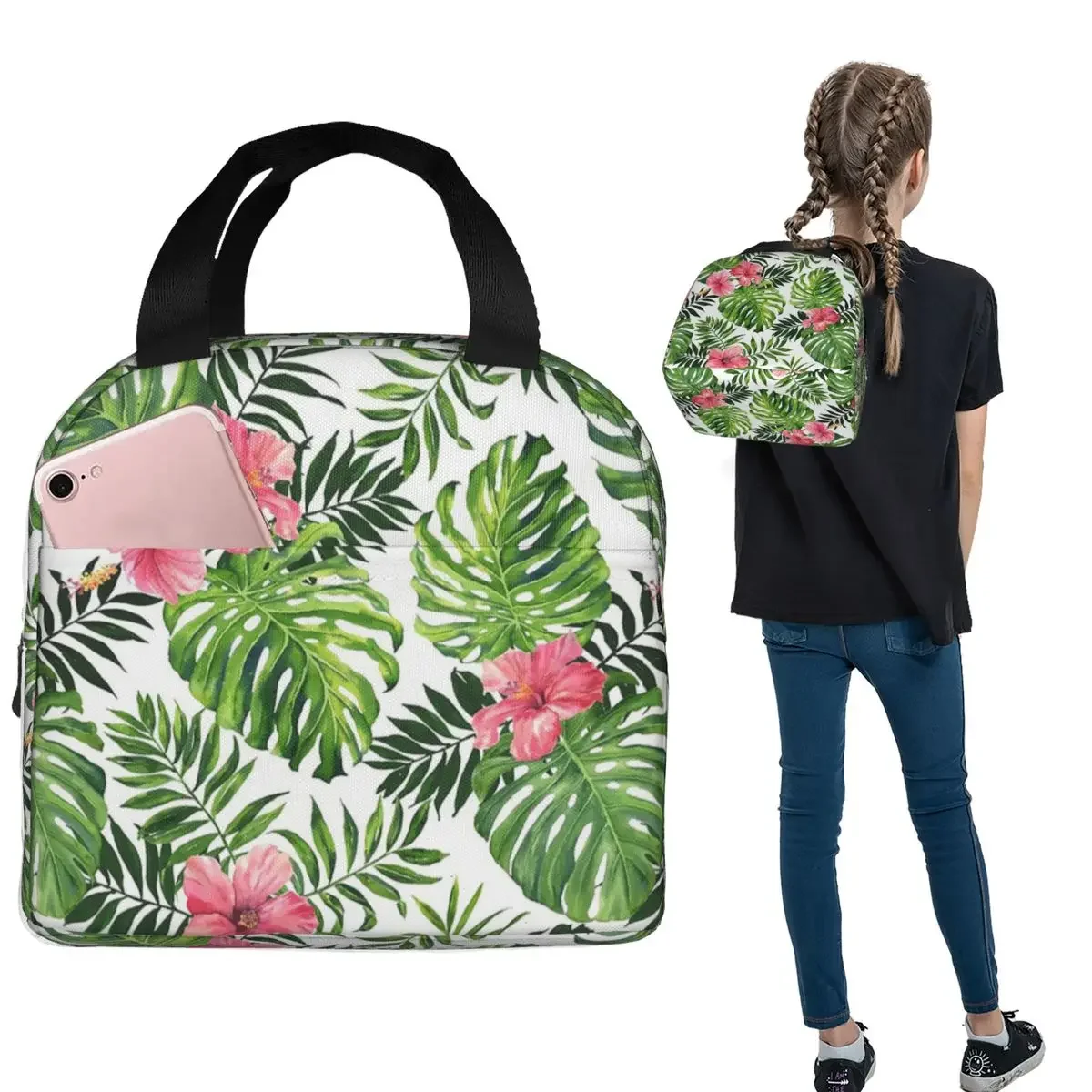 Tropical Green Leaves And Flowers Pattern Insulated Lunch Bag for Women Kids Portable Food Boxes Thermal Lunch Box Tote