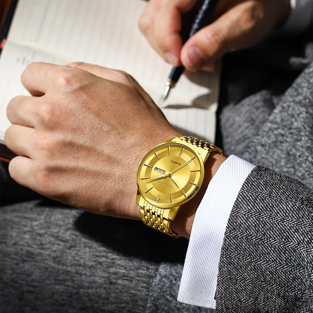 CADVAN-ساعة معصم من الفولاذ المقاوم للصدأ للرجال ، زر ضغط ، مشبك مخفي ، مقاوم للماء ، مضيء ، تاريخ أسبوع ، رياضة ، جودة عالية ، فاخر