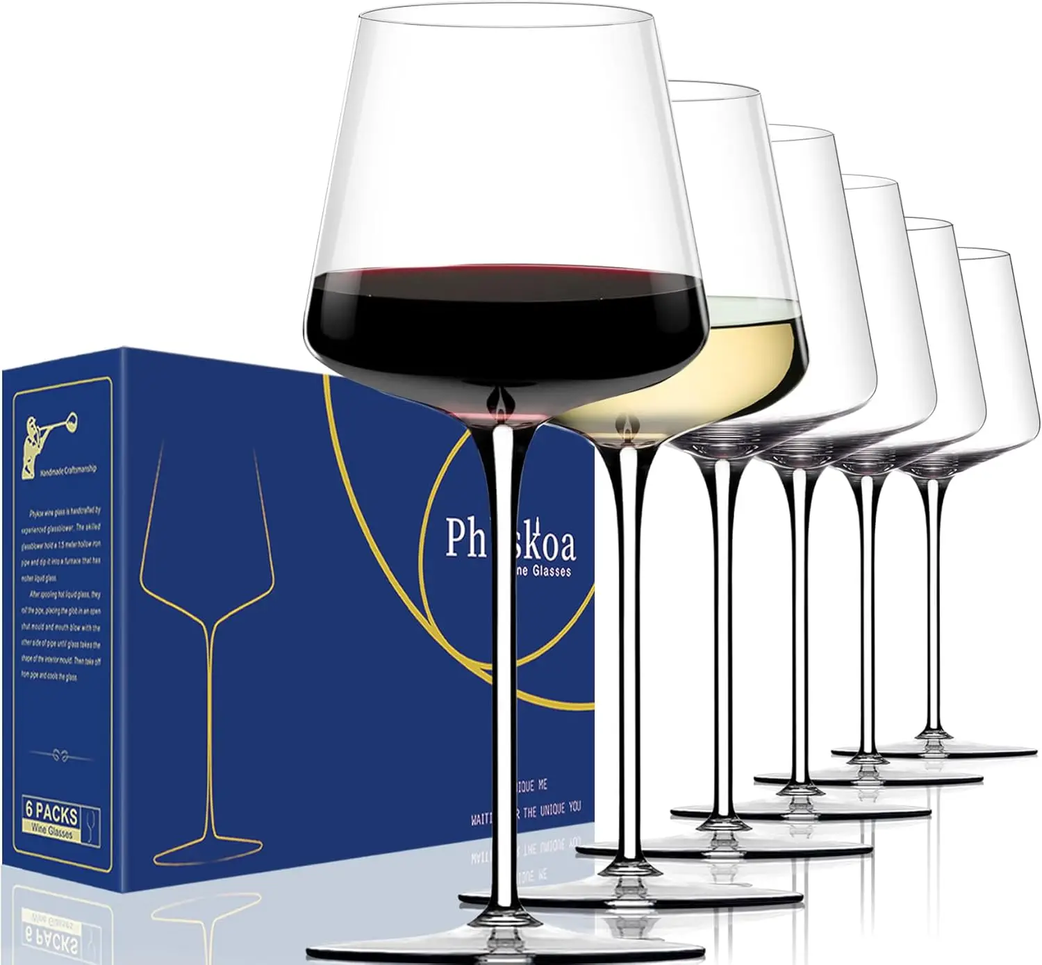 

White Red Wine Glasses Set of 6 – 18oz Clear【Hand Blown】 Crystal Wine Glass – Tall Long Stem Modern Wine Glasses –