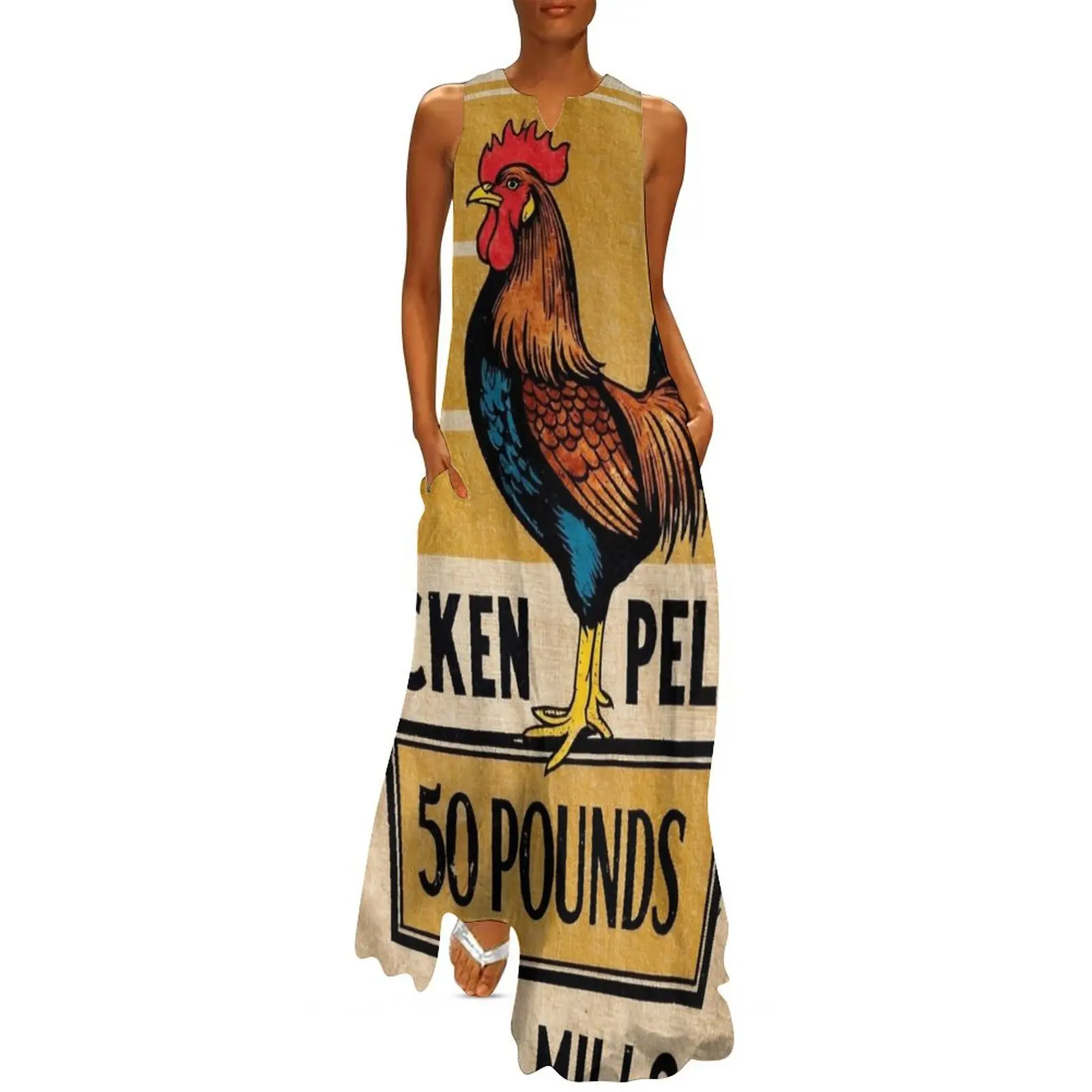 Prairie Farms Rooster Grain Sack Long Dress Women's summer skirt dress summer 2025 women dresses women summer 2025 Dress