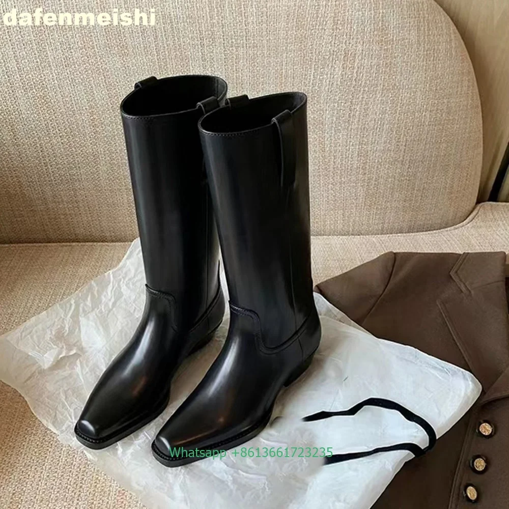 2024 Herbst Winter neue quadratische Zehen dicke Ferse dicke untere Mitte der Wade Stiefel kniehohe lange Stiefel Frauen schwarz Slip on Ritter Stiefel