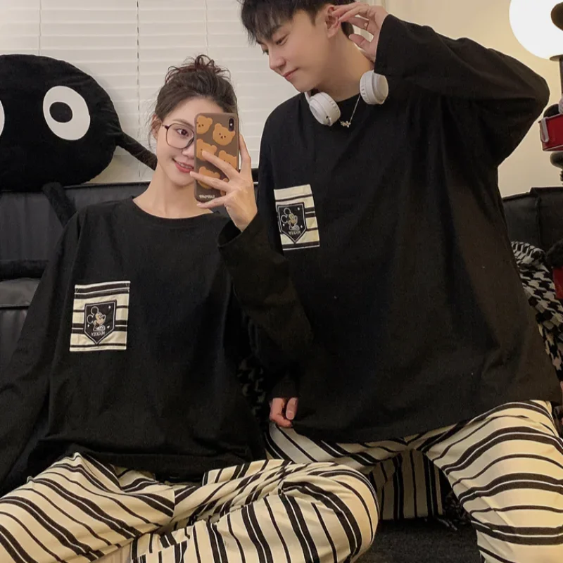 Disney Mickey autumn new cartoon couple pajamas men\'s pure cotton long-sleeved stripes cute and comfortable loungewear