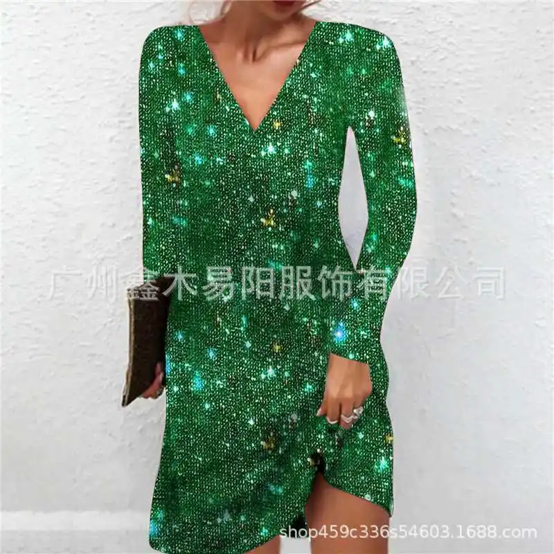 Dress Elegant V-neck Shiny Solid Color A-line Robe Party Prom Nightclub Club Date Family Banquet Evening Vestidos Spring Summer