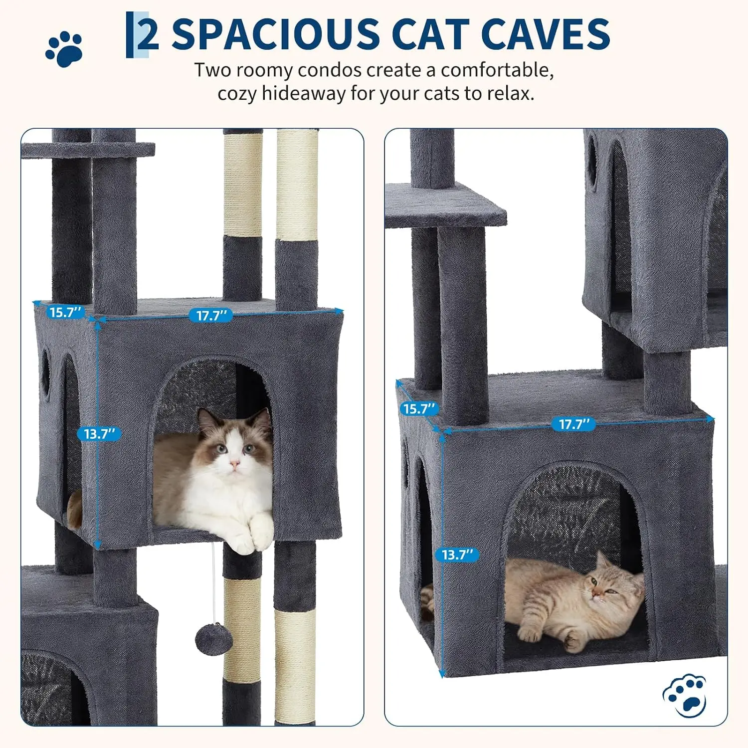 Tacleekii 61" Cat Tree with Extra Large Perch 2 Spacious Condos Multi-Level Cat Tower Natural Sisal Scratching Posts, Interactive Toys for Medium Large Indoor Cats gallery 5