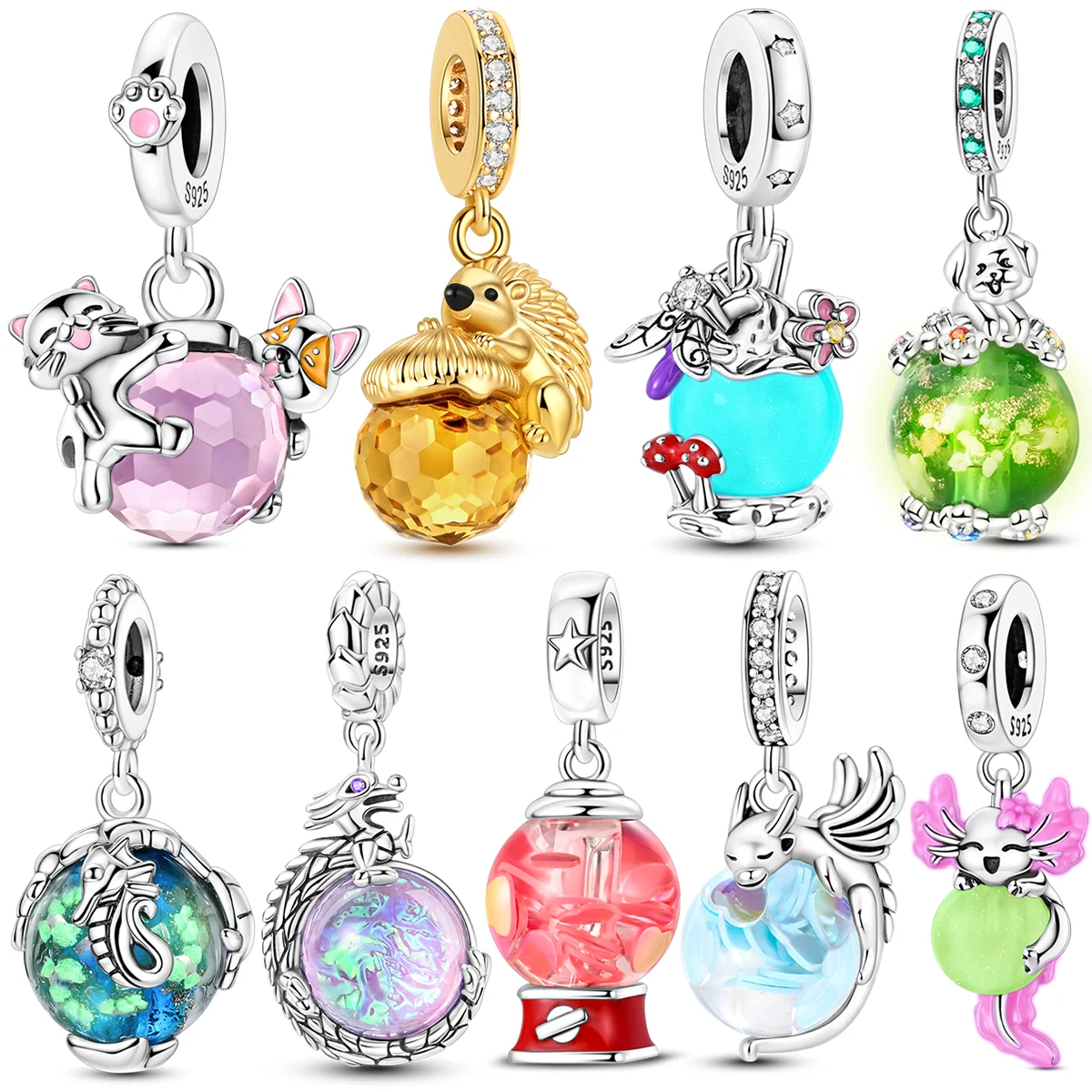 Sparkling Crystal Ball Charms Bead 925 Sterling Silver Colorful Zircon Cute animal Dangle Fit Original Bracelet DIY Jewelry Gift