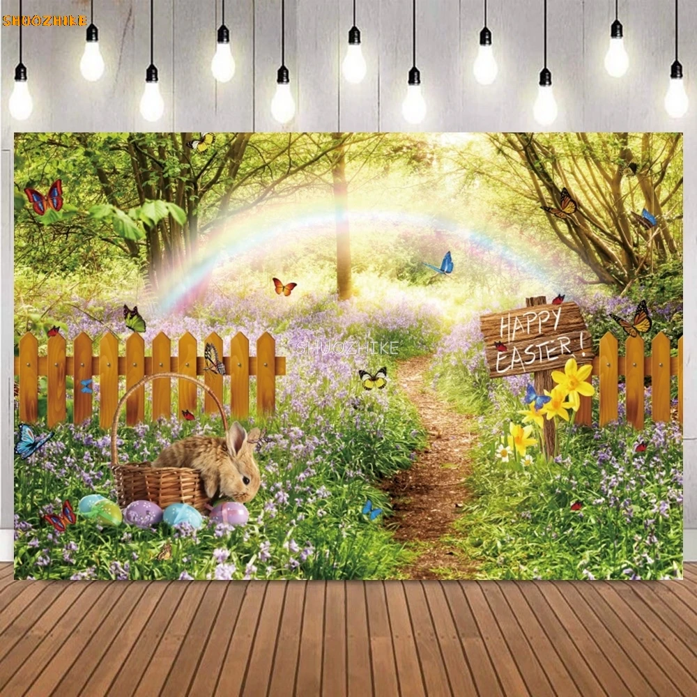 Frohe Ostern Hintergrund Fotografie Innen Ziegel Wand Holztür Blume Kaninchen Eier Kinder Party Dekor Baby Portrait Hintergrund