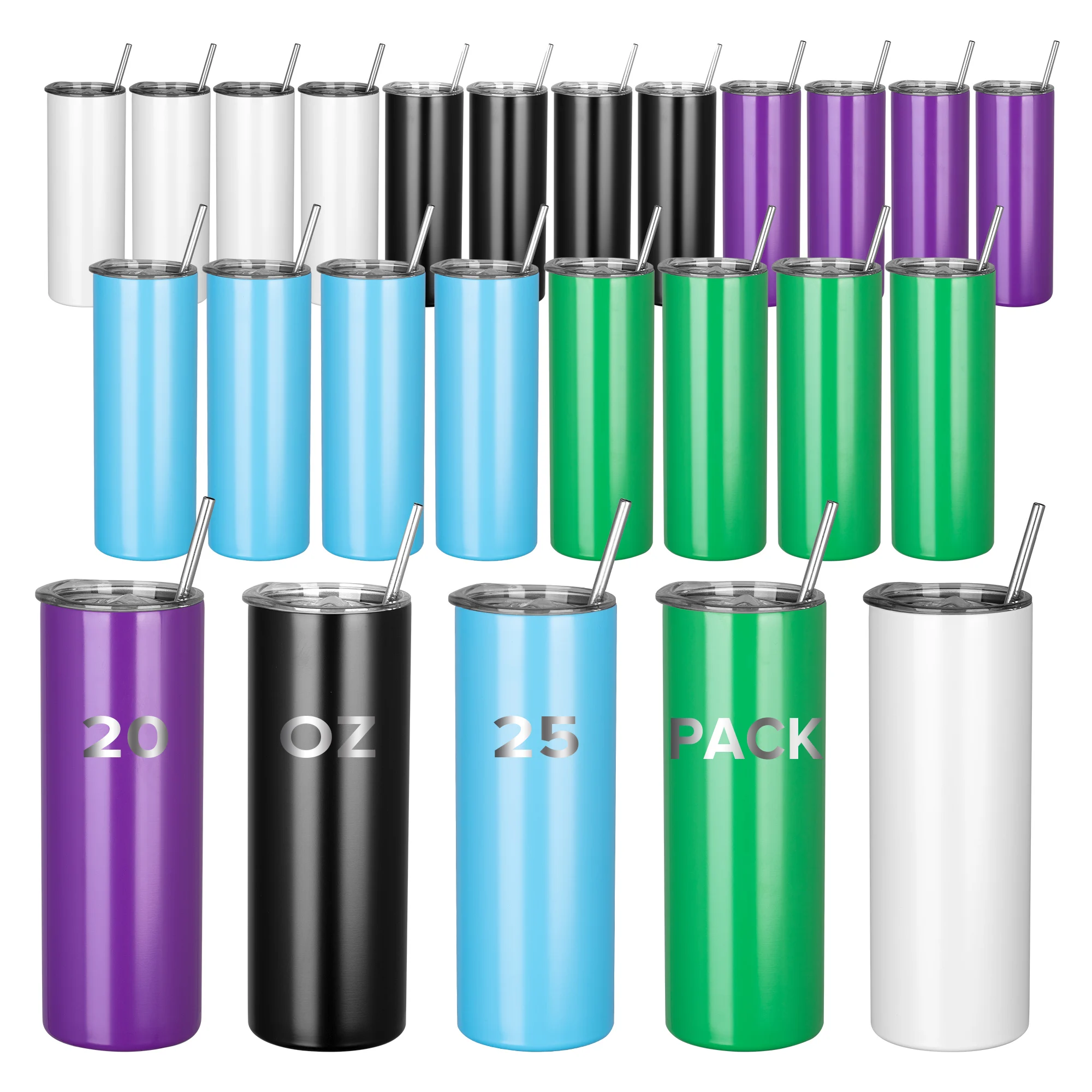 

25 Pack 20oz Powder Coated Tumbler - Skinny & Straight,Vacuum Insulated Water Bottle,Ideal for Laser Engraved Customization