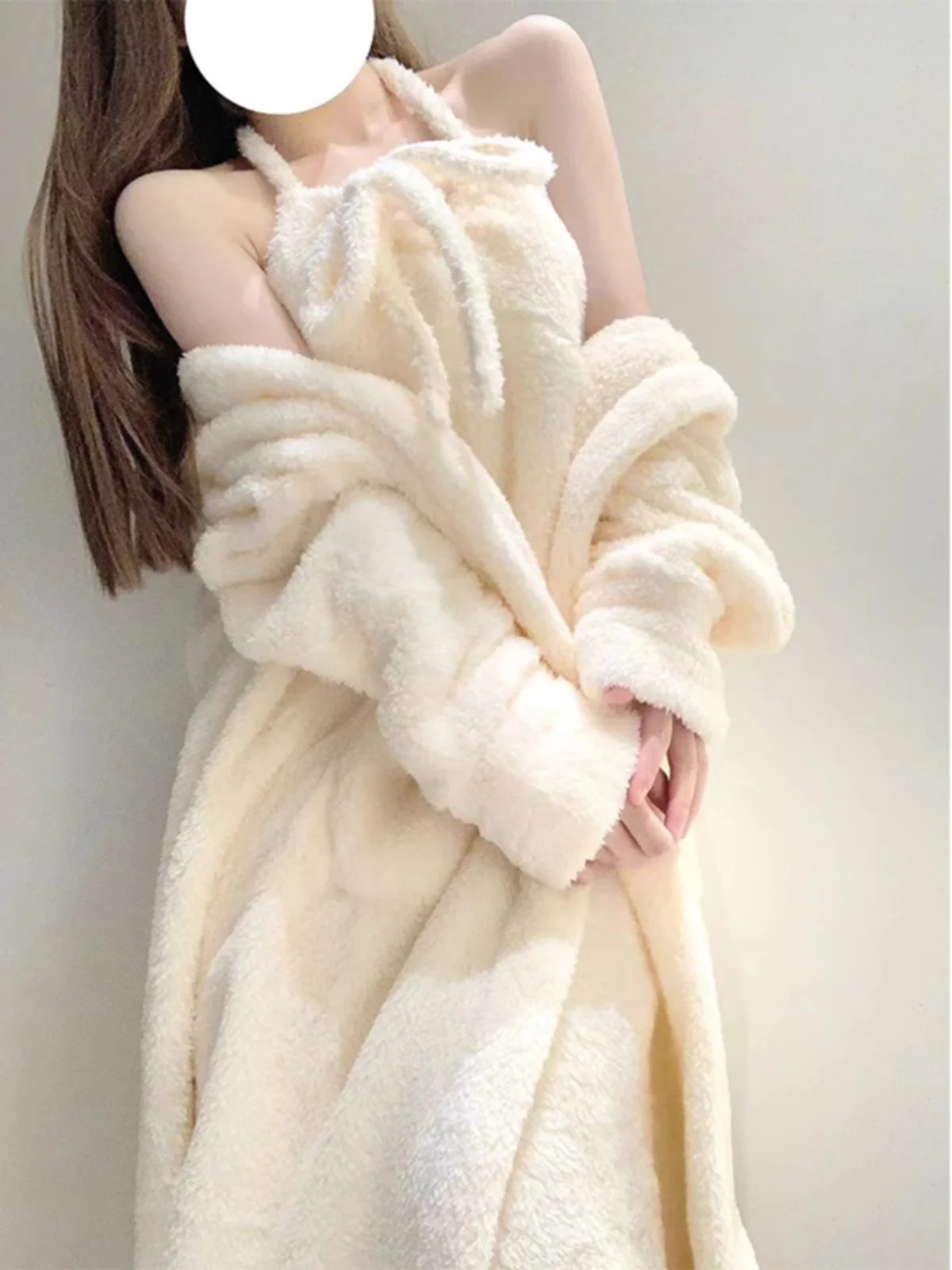 Thick Coral Fleece Sleepwear Women's Home Bathrobe Set Neck Hanging Strap Winter Warm Cozy Long Sleeve Dress Robe for Sleeping