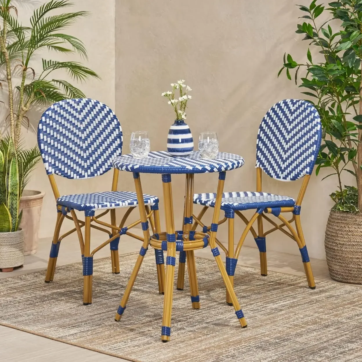 

Patio Furniture Sets Bistro Set, Navy Blue + White + Bamboo