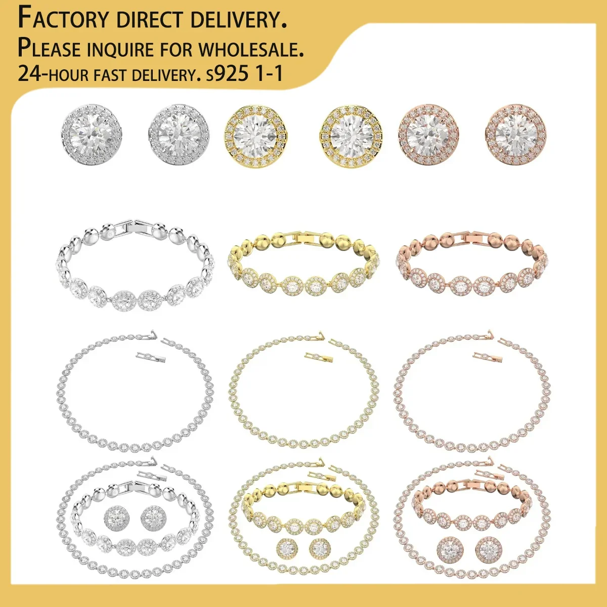 S925 Silver Classic Happiness Diamond Round Crystal Earrings Bracelet Necklace Set Women Gorgeous Una Angelic Series Jewelry Set