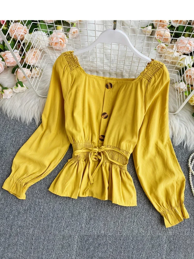 Spring Autumn Women's Blouse Korean Square Collar French Long Sleeve Shirt New Waist Short Female Blouse Tops LL891