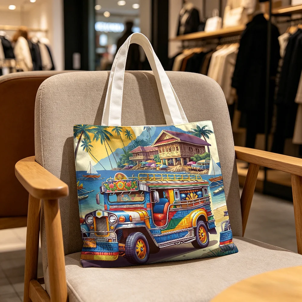 Philippine Jeepney Canvas Tote Bag Philippines Tropical Beach Landscape Print Reusable Travel Souvenir Shoulder Shopping Handbag