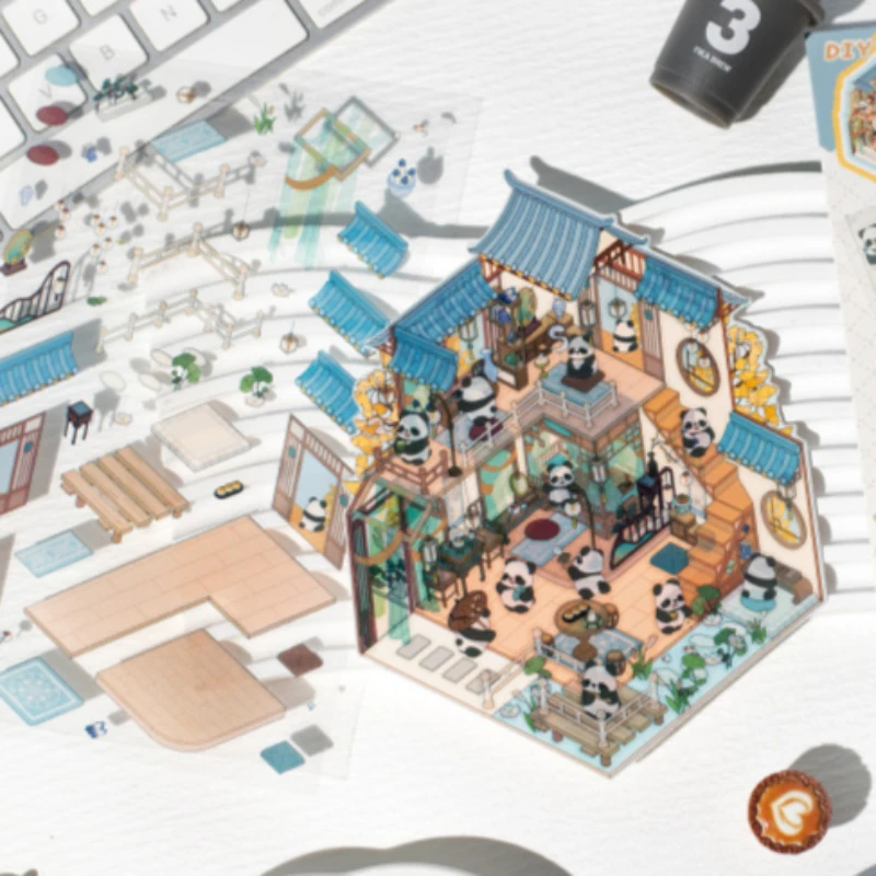 Mr. Paper, Chinese Style Panda Themed 3D House Landscaping Sticker Pack, Creative DIY Collage Scrapbook, Handmade Diary Stickers