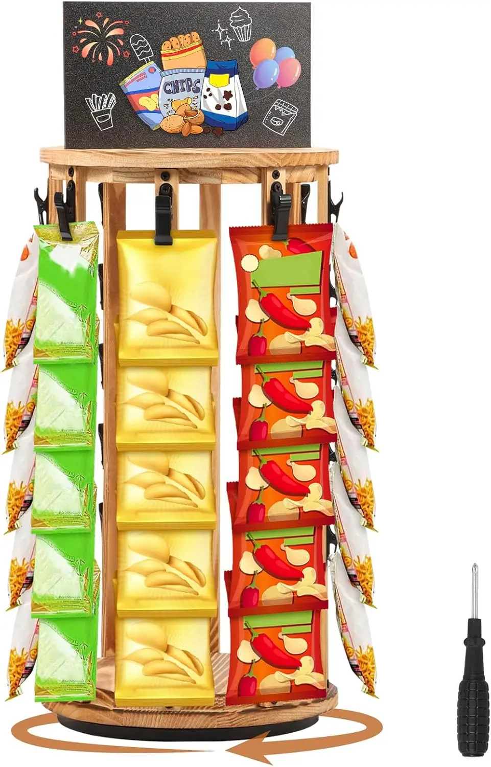 

Стойка-органайзер для чипсов, 5-ярусная, на 40 зажимов, для закусок, 360° ° Вращающаяся витрина для конфет с возможностью размещения сообщений