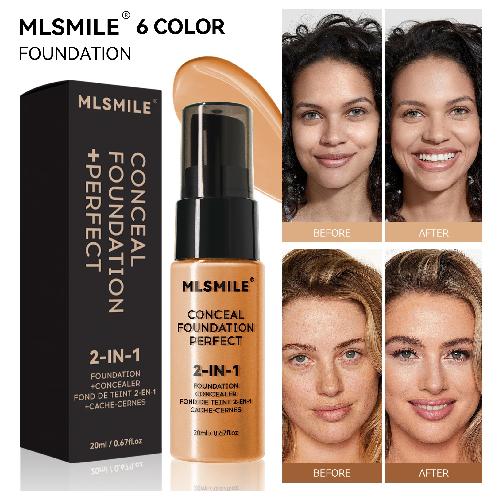 MLSMILE Fondotinta a lunga durata a 6 colori Fondotinta correttore e controllo dell'olio facile da spingere e resistente al sudore