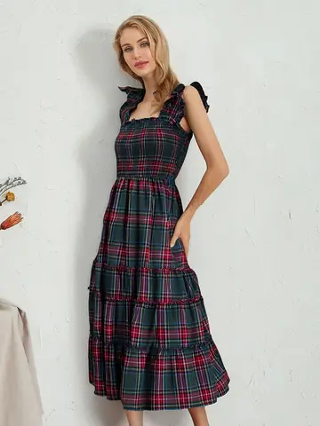 Women s Sleeveless Plaid Print Ruffled A-Line Dress with Floral Embroidery Detail for Summer Beach Party and Streetwear Fashion