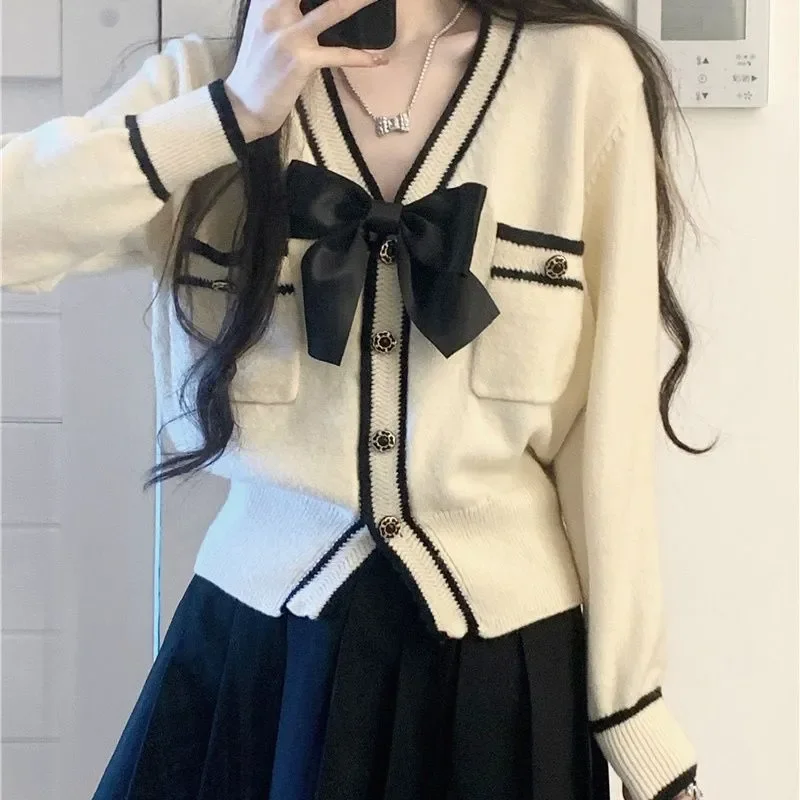 Herbst Winter V-ausschnitt Strickjacke Pullover Women2025 Neue Mode Lose Beiläufige Strickwaren Bowknot Reine Farbe taste Oberbekleidung Weibliche