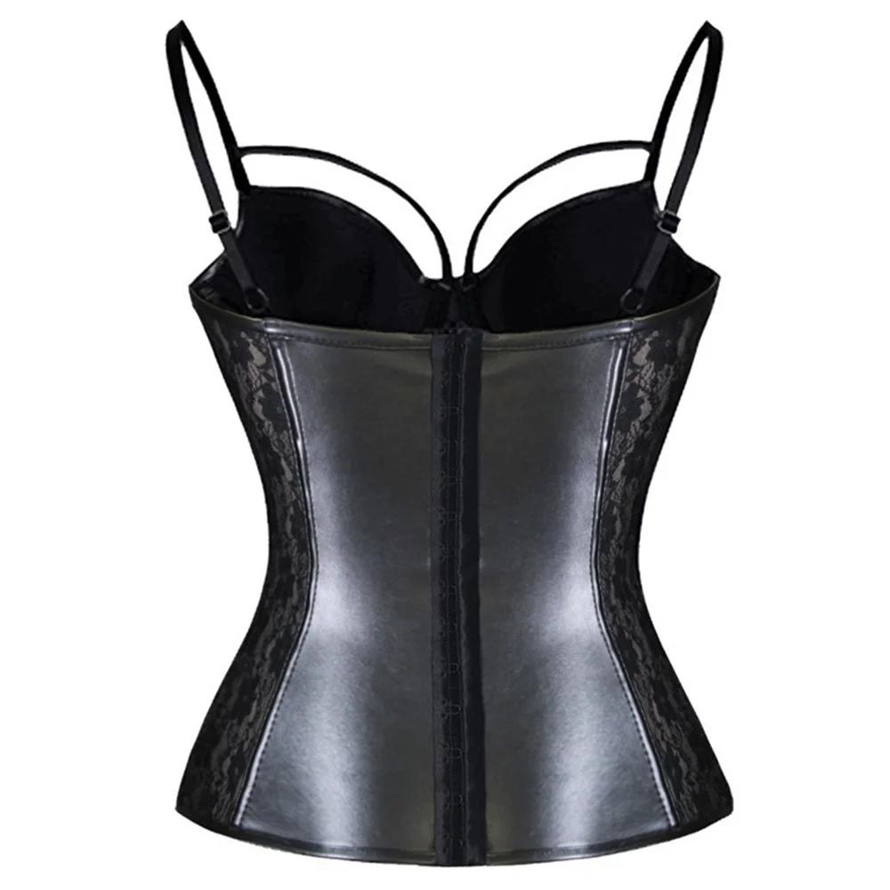 Black PU Leather splicing Lace Overbust Corset Women Sexy Lingerie Body Shaper Sling Padded Cup Corset And Bustier Top Plus Size