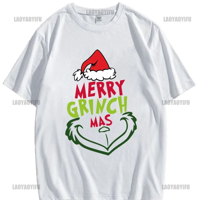 Christmas New Year Men\'s Shirt Casual O-neck Short Sleeve Tops Hip Hop Trend Harajuku Streetwear Fashion Cotton Grinch