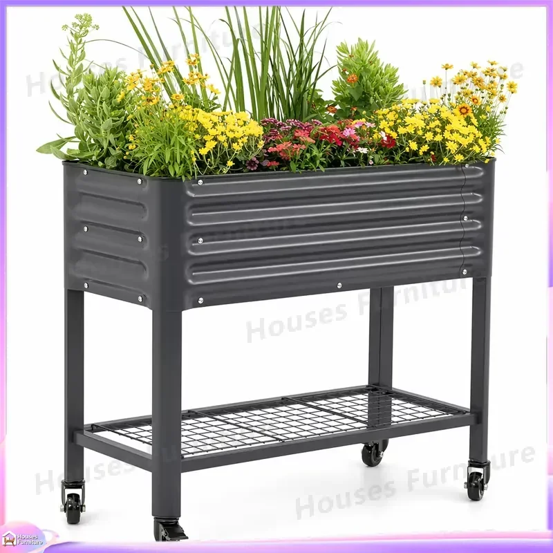Elevated Metal Flower Bed with Wheels Mobile Planter Box Cart with Storage Shelf Outdoor Garden Patio Raised Planting Pot