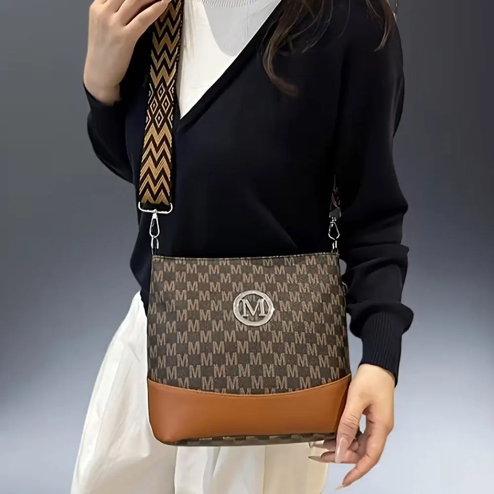 Women's Crossbody Tote Bag Multi-Layer Bucket Bag - Structured Lining, Dark Brown/Black/White - Versatile for Commuting, Shopping, Work, Formal and Everyday Use - Highlights the Fabric Texture and Sop image 2