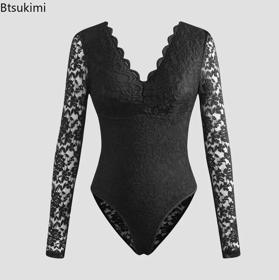 

2025 Women's Sexy Lace Bodysuit Solid Color Long Sleeve Sheer Corset Top Autumn New Ruffles V-Neck See Thourgh Slim Fit Jumpsuit