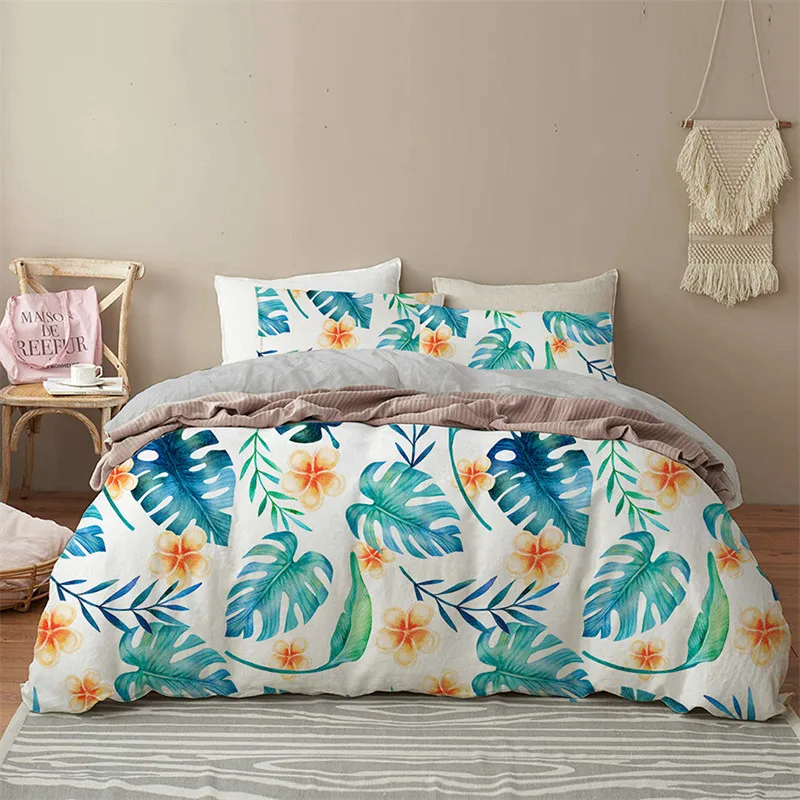 

Green Palm Leaf Floral Bedding Set Tropical Leaves Flowers Animals Duvet Cover Microfiber Comforter Cover For Adults Kids Decor