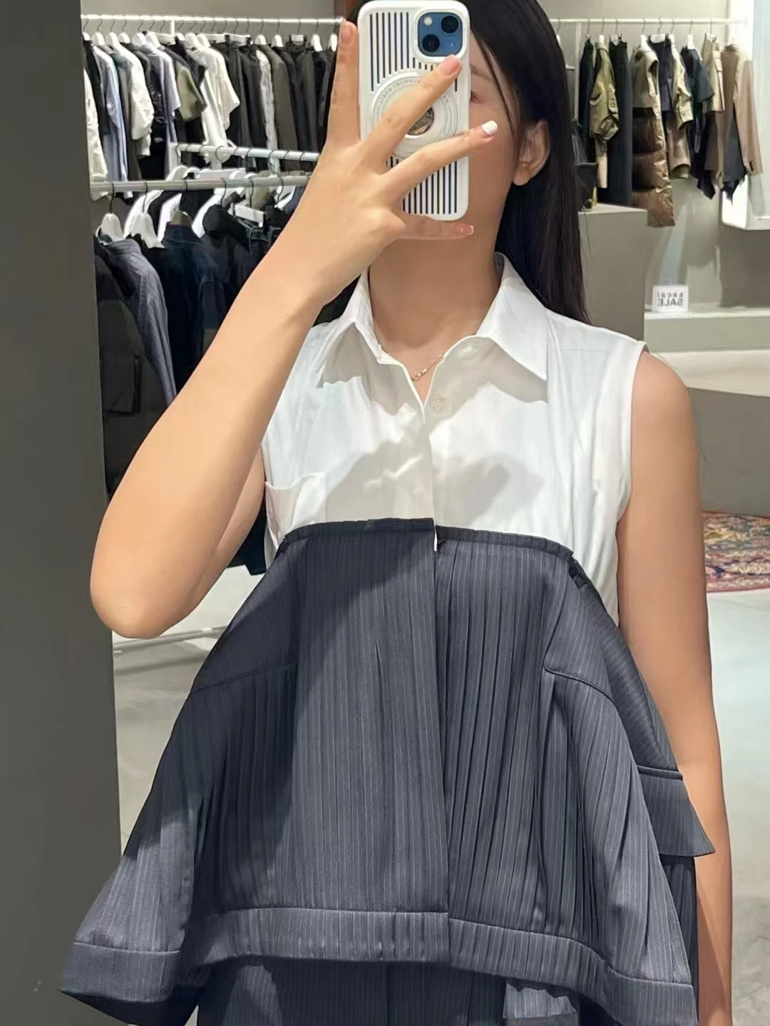 FogSacai Japanese Sle ex Vintage Contrast Design Denim Spring Summer No Sve Folds Loose Ne irt Top for Women Cotton