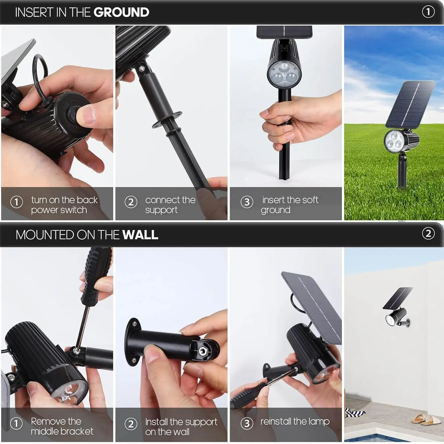 Solar Spotlights Outdoor LED IP68 Waterproof Landscape Spotlights 2 Power Modes Auto ON/Off Dusk to Dawn Night Uplights