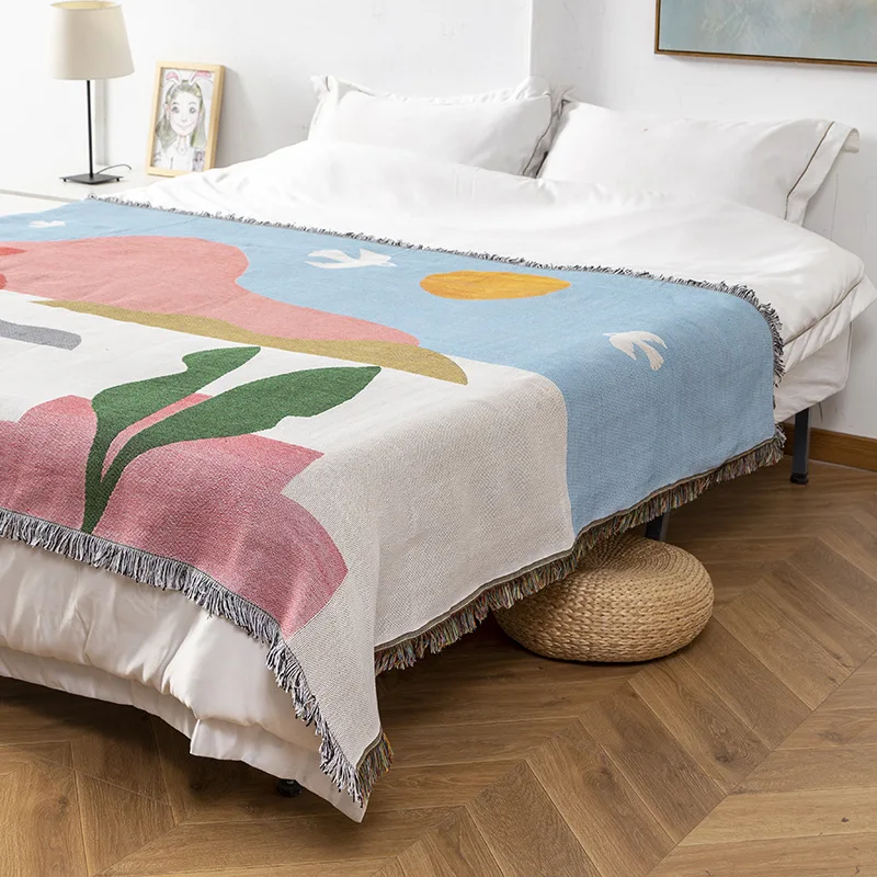 Abstract Floral Jacquard Throw Blanket Tassels Mid Century Modern Woven Tapestry for Sofa Boho Artistic Cotton Blend Bedspread
