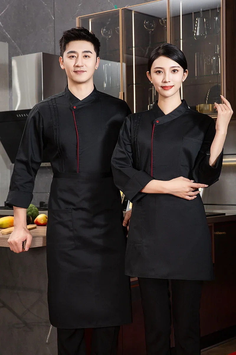 Uniforme de chef de restaurant à manches longues pour hommes, veste de chef noir avec tablier, manteau de chef cuisinier, uniforme de travail de cuisine, vêtements WaClaHotel