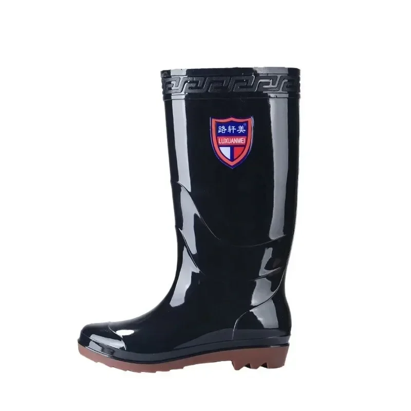 Men Fishing Boots - Non-Slip Plastic Waterproof Rain Boots with Tendon Bottom Round Toe Wedge Design for Comfort and Resistance