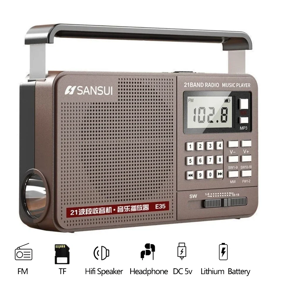 FM/AM/SW Full Band Radio Bluetooth Digital Retro Radio Hifi Portable U-Disk USB/TF/Mp3 Music Player Speaker Bass LED Flashlight