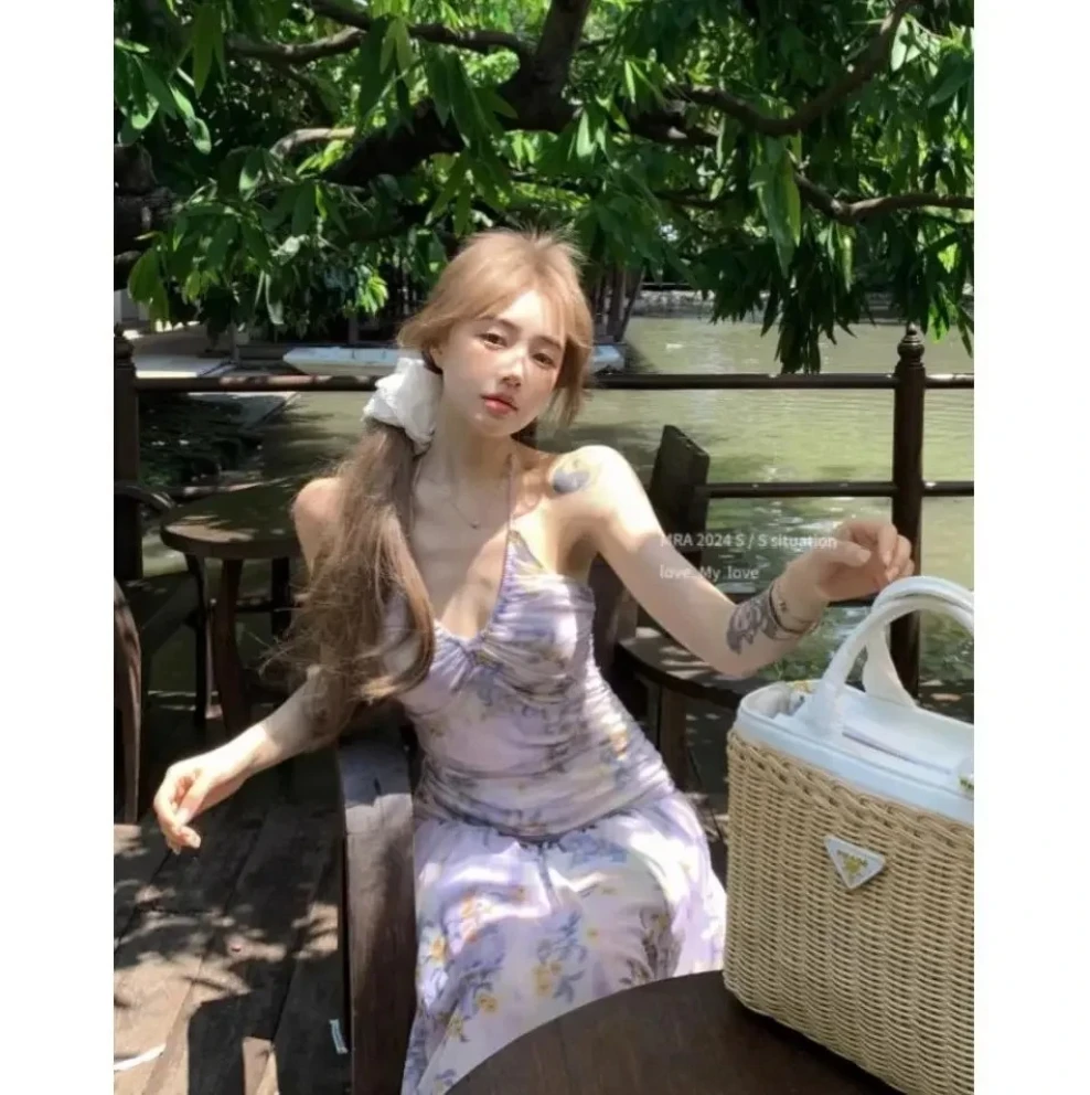 Women's French Vintage Floral Print Halter Neck Strap Dress Backless Elegant Waist Cinching Long Summer Dress Beach Holiday yle