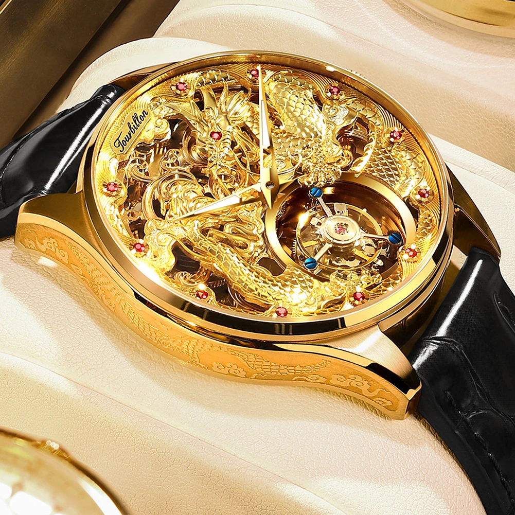 Opinke Tourbillon Assista Automático Men's Watch Skeleton Gold Watch Sapphire Ruby Luxo Relógio de Mecânica de Lunes de Luxo à prova d'água